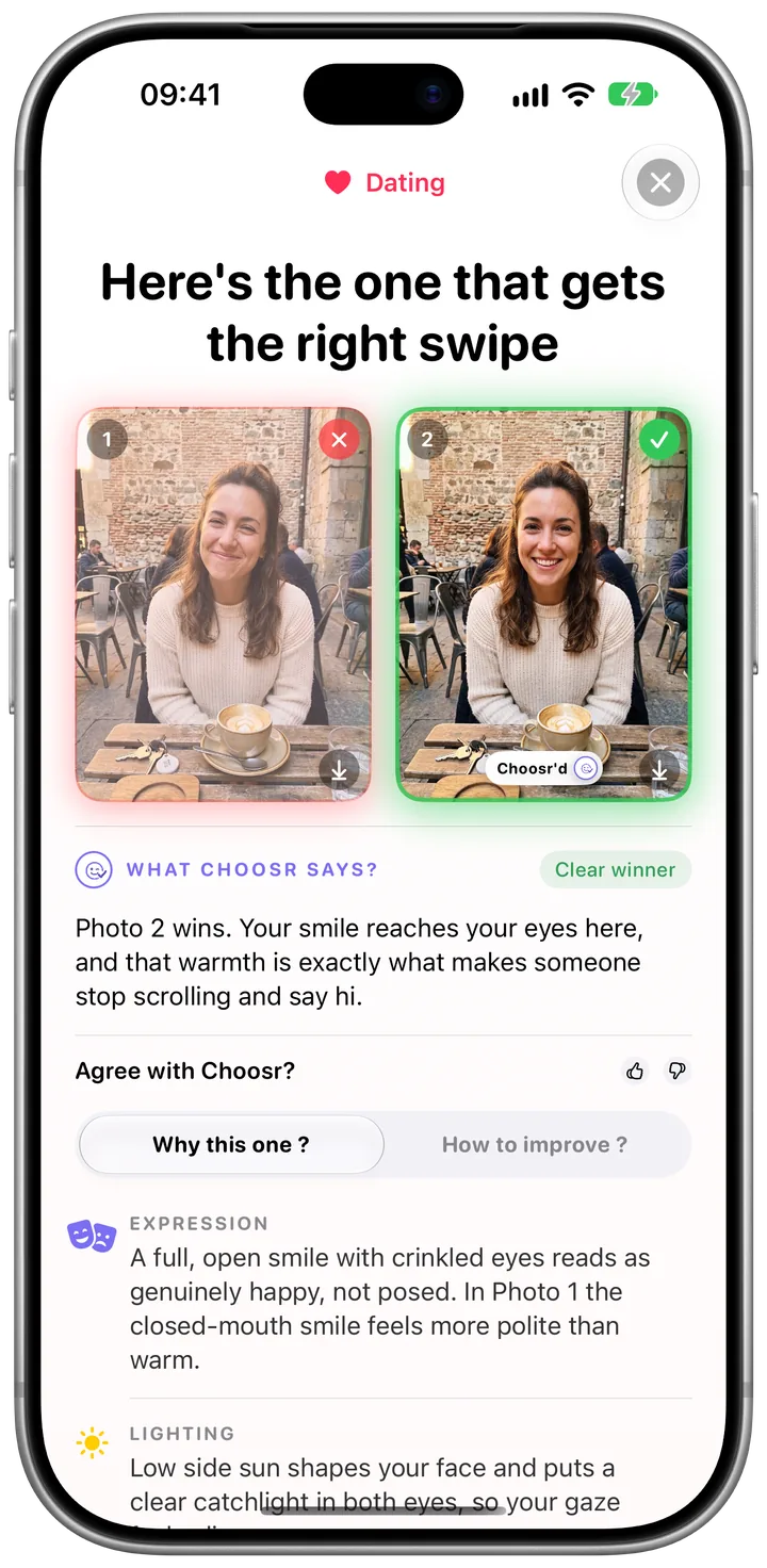 A Dating result: Photo 2 wins, with the verdict and the reasons it won