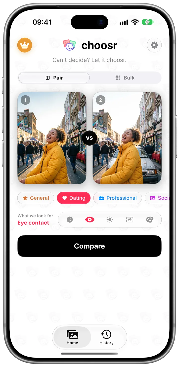 Choosr's Home screen: two photos side by side, Pair and Bulk modes, category chips and a Compare button